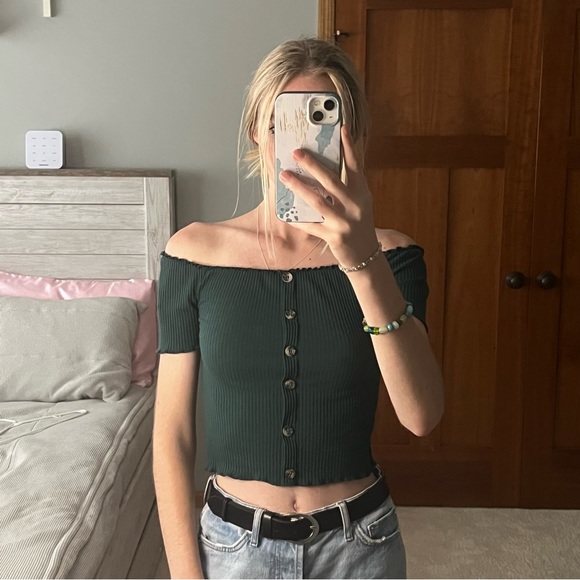 eye candy Tops - Eye Candy Forest Green Off the Shoulder Crop Top NWOT